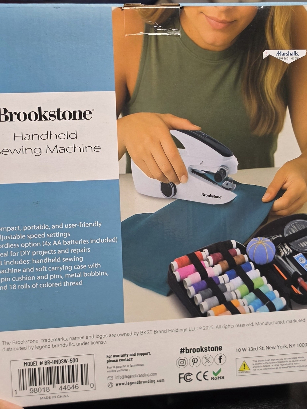 Brookstone White Handheld Sewing Machine with Thread Kit and Pincushion